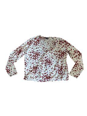 Butterfly Print Top Womens Lg White & Red Long Sleeve Wrap Shirt By George